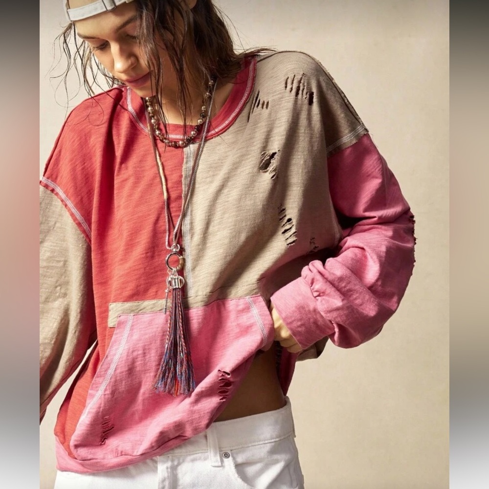 Colorblock Distressed long sleeve pocket patchwork Women Top